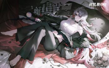  1girl barefoot belt_collar bishop_(chess) black_collar black_jacket black_nails black_pants bouquet breasts chess_piece chessboard chinese_commentary collar collarbone commentary_request copyright_name cropped_shirt crossed_legs curtained_hair curtains envelope feet flower full_body grey_flower grey_rose highres jacket jacket_partially_removed king_(chess) knight_(chess) legs_up long_hair lying medium_breasts midriff multicolored_hair nail_polish navel official_art on_back pants pawn_(chess) petals pillow punishing:_gray_raven queen_(chess) red_eyes red_hair red_streaks rook_(chess) rose scar scar_on_face shirt sleeveless sleeveless_shirt solo stopwatch strap_slip streaked_hair ticket toenail_polish toenails veronica_(pgr) very_long_hair watch white_hair white_shirt 