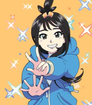  black_eyes black_hair blue_jacket clenched_teeth faux_retro_artstyle highres jacket kaguras-art lida_(pokemon) looking_at_viewer mega_ring mega_stone nintendo orange_background pokemon pokemon_legends:_z-a shirt signature smile teeth v white_shirt 