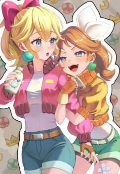  1up 2girls absurdres amanegi_toro aqua_shorts bandage_on_leg bandaid bandaid_on_leg bandaid_on_thigh belt bike_shorts bike_shorts_under_shorts blonde_hair blue_eyes blush bottle bow breasts brown_hair commentary_request cropped_jacket crossed_bandaids crown denim denim_shorts earrings fingerless_gloves flower_earrings gloves hair_bow highres holding holding_another's_arm holding_bottle jacket jewelry leaf long_hair long_sleeves mario_(series) mario_kart mario_kart_world medium_breasts milk milk_bottle multiple_girls nintendo official_alternate_costume open_clothes open_jacket open_mouth orange_gloves orange_jacket pink_bow pink_jacket ponytail princess_daisy princess_daisy_(touring) princess_peach princess_peach_(touring) shirt short_shorts short_sleeves shorts smile sphere_earrings super_mushroom teeth upper_teeth_only white_bow white_shirt 