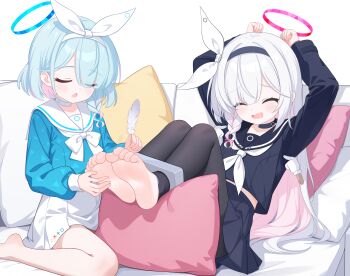  2girls absurdres arms_up arona_(blue_archive) barefoot black_choker black_hairband black_pantyhose black_sailor_collar black_serafuku black_shirt black_skirt blue_archive blue_hair blue_halo blue_shirt bow braid chinese_commentary choker closed_eyes colored_inner_hair commentary_request couch eugenecolin eyes_visible_through_hair feathers feet foot_focus foreshortening hair_bow hair_over_one_eye hairband halo highres holding holding_feather large_variant_set laughing long_hair long_sleeves medium_hair miniskirt multicolored_hair multiple_girls neckerchief on_couch open_mouth pantyhose pink_hair plana_(blue_archive) pleated_skirt puffy_long_sleeves puffy_sleeves red_halo sailor_collar sailor_shirt school_uniform serafuku shirt side_braid single_braid skirt smile soles tickling tickling_armpits tickling_feet toes torn_clothes torn_pantyhose two-tone_hair variant_set white_bow white_choker white_hair white_hairband white_neckerchief white_sailor_collar white_skirt 