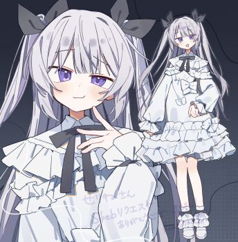  1girl :3 black_ribbon blush bow closed_mouth commission dress frilled_dress frills full_body grey_hair hair_ribbon highres komerina long_hair long_sleeves looking_at_viewer multiple_views neck_ribbon open_mouth original purple_eyes ribbon shoes skeb_commission smile smug two_side_up uneven_eyes white_dress white_shoes 