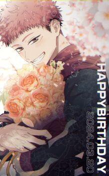  1boy black_hair bouquet brown_eyes commentary dated flower grin happy_birthday highres hood hood_down hoodie itadori_yuuji jujutsu_kaisen looking_at_another male_focus nay_bb pink_hair red_hoodie short_hair sideburns smile solo undercut untranslatable_commentary 