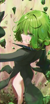  >:) 1girl absurdres ass black_dress blush breasts collared_dress commentary curly_hair debris dress from_above from_behind green_eyes green_hair highres long_legs long_sleeves messy_hair nayuyu1105 one-punch_man short_hair side_slit small_breasts solo tatsumaki v-shaped_eyebrows 