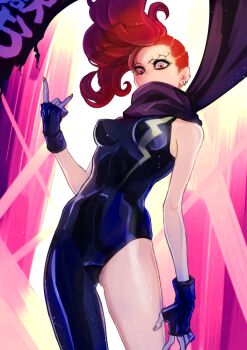  1girl aihcnim bodysuit breasts ear_piercing fingerless_gloves gloves ignite japanese_text long_scarf medium_breasts ninja_slayer piercing scarf side_shave simple_background unusual_eyebrows 