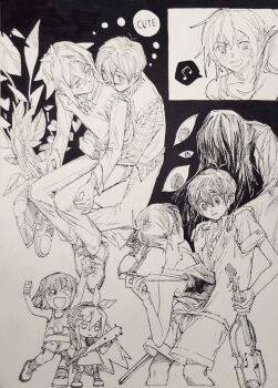  >_< 2girls 5boys :d alternate_costume antenna_hair arms_up aubrey_(faraway)_(omori) aubrey_(omori) baseball_bat basil_(faraway)_(omori) basil_(omori) blush bow_(music) chibi chinese_commentary closed_mouth collarbone collared_shirt commentary_request crop_top double-parted_bangs dress dual_persona english_text eyepatch greyscale hair_between_eyes hands_on_another's_shoulders hellmari_(omori) highres holding holding_baseball_bat holding_bow_(music) holding_instrument holding_knife holding_violin instrument jacket kel_(faraway)_(omori) kel_(omori) knife long_hair long_sleeves monochrome moonskysoon multiple_boys multiple_girls musical_note nail_(hardware) nail_bat omori omori_(omori) open_clothes open_jacket open_mouth parted_lips shared_thought_bubble shirt shoes short_hair short_sleeves shorts sidelocks smile sneakers socks speech_bubble spoilers spoken_musical_note sunny_(omori) sweater_vest tank_top teeth thought_bubble traditional_media upper_teeth_only violin xd yaoi 