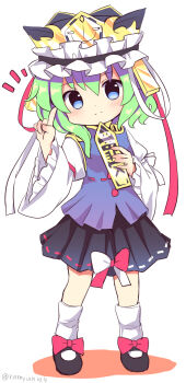  1girl asymmetrical_hair black_hat black_shoes black_skirt blue_eyes blue_vest bow buttons closed_mouth commentary_request footwear_bow full_body green_hair hat hat_ribbon highres holding index_finger_raised long_sleeves ramudia_(lamyun) red_bow red_ribbon ribbon ribbon-trimmed_skirt ribbon_trim rod_of_remorse shiki_eiki shirt shoes simple_background skirt smile socks solo standing touhou two-tone_bow vest white_background white_bow white_ribbon white_shirt white_socks wide_sleeves 