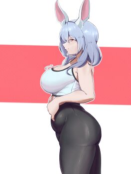  1girl animal_ear_fluff animal_ears ass black_leggings black_pants blue_hair braid breasts cleavage from_side hair_over_shoulder hands_on_own_stomach hololive itzfbu large_breasts leggings long_hair mature_female multicolored_hair pants pekomama pink_eyes plump rabbit_ears rabbit_girl smile solo sports_bra standing thick_thighs thighs tight_clothes tight_pants twitter_username virtual_youtuber white_hair white_sports_bra 