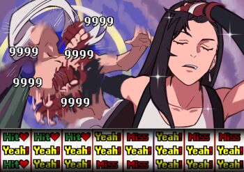  1boy 1girl adjusting_hair afterimage damage_numbers earrings final_fantasy final_fantasy_vii fingerless_gloves gameplay_mechanics gloves hair_slicked_back hand_in_own_hair hand_on_own_head highres hitting jewelry meme motion_blur naoya_hitting_choso_without_looking_(meme) open_mouth parody punching rapid_punches red_gloves roulette safer_sephiroth scene_reference seilidare sephiroth smear_frame sparkle suspenders tank_top teardrop_earrings teeth tifa_lockhart upper_teeth_only white_tank_top 