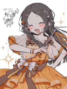 1girl ^_^ absurdres ameno_(motiizamurai) blush bow bracelet brown_bow brown_hair chibi closed_eyes commentary_request cowboy_shot flower fortissimo gakuen_idolmaster hair_flower hair_ornament hand_on_own_hip highres holding_baton idolmaster jewelry kuramoto_china long_hair multiple_views musical_note musical_note_hair_ornament open_mouth orange_ribbon parted_bangs ribbon short_sleeves simple_background smile sparkle translation_request upper_body white_background white_bow white_flower wonder_scale_(idolmaster)