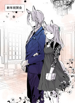  1boy 1girl animal_ears aqua_bow bag blue_suit bow breasts cleavage commentary_request dorako_(loitoor) dual_persona flower formal_clothes genderswap genderswap_(ftm) grey_hair hair_bow hair_flower hair_ornament highres holding holding_another's_arm holding_bag horse_boy horse_ears indoors lace lace_sleeves long_hair mejiro_mcqueen_(umamusume) partially_colored recursive_genderswap short_hair sidelocks suit translation_request umamusume 