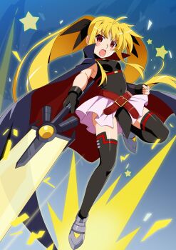  1girl armored_shoes bardiche_(nanoha) bardiche_(zanber_form)_(nanoha) belt black_cape black_ribbon blonde_hair cape commentary_request energy_blade energy_sword fate_testarossa fingerless_gloves gesugesu_ahoaho gloves hair_ribbon highres holding long_hair looking_at_viewer lyrical_nanoha magical_girl mahou_shoujo_lyrical_nanoha open_mouth red_eyes ribbon showgirl_skirt skirt solo star_(symbol) sword thighhighs twintails two-sided_cape two-sided_fabric very_long_hair watanabe_akio_(style) weapon 