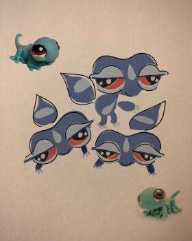gecko gecqua highres littlest_pet_shop lizard nintendo painting_(medium) photo_(medium) pink_eyes pokemon pokemon_(creature) pokemon_day poses simple_background traditional_media vivianamphibian