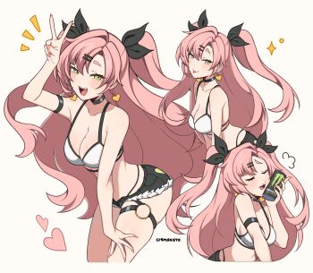  1girl absurdres alternate_costume artist_name bare_shoulders black_choker black_ribbon black_shorts blush bra breasts can choker cleavage closed_eyes collarbone commentary cremanata earrings english_commentary fingernails fur-trimmed_shorts fur_trim green_eyes hair_ribbon heart heart_earrings highres holding holding_can jewelry large_breasts leaning_forward long_hair looking_at_viewer micro_shorts mole mole_on_breast mole_under_eye monster_energy multiple_views nicole_demara open_mouth pink_hair pink_nails ribbon shorts sparkle tongue tongue_out two_side_up underwear v white_bra zenless_zone_zero 