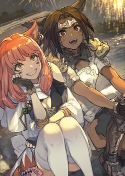  2girls absurdres black_gloves black_hair black_thighhighs breasts brown_eyes commentary_request dark-skinned_female dark_skin facial_mark final_fantasy final_fantasy_xiv fingerless_gloves fireworks forehead_protector gloves green_eyes hide_(hideout) highres medium_breasts miqo'te multiple_girls night open_mouth red_hair short_hair sitting smile thighhighs warrior_of_light_(ff14) whisker_markings white_thighhighs 
