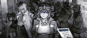  3girls 6+others blue_eyes character_request collarbone crossed_arms double_bun fingerless_gloves genderswap genderswap_(mtf) gloves goggles goggles_on_head hair_bun highres humanization jacket jacket_over_shoulder kotobukiya_bishoujo looking_at_viewer matrix_of_leadership medium_hair megatron megatron_(kotobukiya_bishoujo) multiple_girls multiple_others namikaze_(dobbyka) necktie open_clothes open_jacket optimus_prime optimus_prime_(kotobukiya_bishoujo) parted_lips partially_colored red_eyes shirt shorts transformers unworn_jacket 