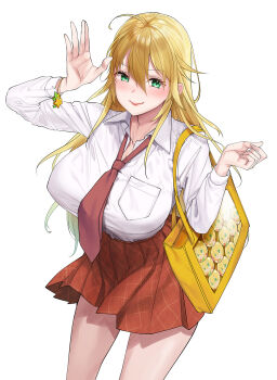  1girl blonde_hair blush bracelet breasts green_eyes hair_between_eyes highres jewelry large_breasts long_hair long_sleeves looking_at_viewer megumi_yakiniku necktie original plaid_clothes plaid_skirt pleated_skirt red_necktie red_skirt shirt simple_background skirt smile solo white_background white_shirt 