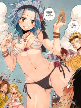 3girls 4boys arm_up bikini black_hair blonde_hair blue_sky brown_hair cameltoe cana_alberona clenched_hand closed_eyes cloud cobra_(fairy_tail) covered_erect_nipples dark_skin day english_text fairy_tail from_below gajeel_redfox hair_bun happy_(fairy_tail) highres holding laxus_dreyar levy_mcgarden long_hair lotion_bottle lucy_heartfilia multiple_boys multiple_girls natsu_dragneel one_eye_closed outdoors pantherlily parted_lips pink_hair red_hair rusky scar scar_across_eye scar_on_face side-tie_bikini_bottom single_hair_bun sky speech_bubble spiked_hair swimsuit rating:Sensitive score:193 user:danbooru