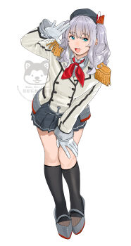  1girl absurdres beret black_skirt black_socks blue_eyes epaulettes full_body gloves hand_on_own_knee hat highres jacket kantai_collection kashima_(kancolle) kneehighs long_sleeves looking_at_viewer military military_uniform miniskirt ojipon open_mouth pleated_skirt simple_background skirt socks solo standing twintails twitter_username watermark wavy_hair 