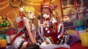  2girls alternate_costume bell blonde_hair breasts cake christmas christmas_ornaments cleavage dielle feeding food hair_bell hair_ornament highres horns long_hair mistletoe_hair_ornament multiple_girls non-web_source official_art one_eye_closed purple_eyes raspi sitting thighhighs underboob valkyrie_connect white_legwear  rating:Sensitive score:7 user:ZenebasFury