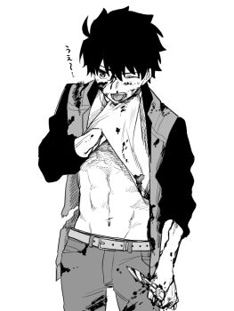  1boy abs ahoge battle_damage belt blood blood_on_clothes blood_on_face clothes_lift folding_knife hair_between_eyes jacket knife male_focus messy_hair metarogu military_combat_uniform military_uniform monochrome multicolored_jacket nanatsu-yoru navel official_alternate_costume one_eye_closed open_clothes open_jacket open_mouth pants scar scar_on_chest shirt shirt_lift short_hair solo standing switchblade tohno_shiki toned toned_male torn_clothes translation_request tsukihime tsukihime_(remake) two-tone_jacket 