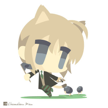  1girl ahoge animal_ears artist_name blonde_hair blue_eyes blueberry bow braid cat_ears cat_tail chameleon_man_(three) chibi flag food fruit lynette_bishop military military_uniform necktie running simple_background strike_witches striped_legwear tail white_background world_witches_series  rating:General score:6 user:Moonman
