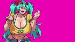  1girl animated aqua_eyes aqua_hair barefoot bikini blue_eyes blue_hair bouncing_breasts bracelet brazilian_flag brazilian_miku breasts collarbone cropped_shirt curvy cutoffs dancing denim denim_shorts earrings flower full_body geulimykun_(skbyunea413) grin hair_flower hair_ornament hatsune_miku highleg highleg_bikini hoop_earrings huge_breasts jewelry long_hair looking_at_viewer looping_animation low_neckline meme motion_lines navel open_fly open_mouth pink_background shiny_skin shirt short_shorts shorts smile sunglasses sunglasses_on_head swimsuit tan tanline thick_thighs thighs twintails underboob upper_body video vocaloid wide_hips yellow_shirt  rating:Sensitive score:151 user:Oppai_chan