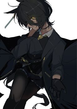  1girl alternate_hair_length alternate_hairstyle alternate_skin_color animal_ears black_choker black_coat black_gloves black_hair black_shirt black_skirt choker coat collared_shirt commentary dark-skinned_female dark_skin earrings expressionless gloves highres horse_ears horse_girl horse_tail jewelry kawamochi_(kawauti919) looking_at_viewer manhattan_cafe_(creeping_black)_(umamusume) manhattan_cafe_(umamusume) necktie off_shoulder pleated_skirt shirt short_hair simple_background single_earring skirt sleeveless sleeveless_shirt solo tail tassel tassel_earrings umamusume white_background yellow_eyes yellow_necktie 