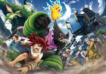  1girl 3boys :o aqua_eyes artist_request ash_ketchum backpack bag barefoot baseball_cap black_gloves black_hair black_shirt black_shorts blue_hair blue_pants blue_sky blue_vest bodypaint brown_eyes brown_jacket brown_loincloth brown_pants brown_shoes clenched_hand clothed_pokemon cloud collared_shirt colored_sclera cottonee dark-skinned_male dark_skin day debris doctor_zed_(pokemon) dust electricity facepaint facial_hair fangs fingerless_gloves fingernails flygon flying gen_1_pokemon gen_3_pokemon gen_5_pokemon gen_8_pokemon glasses gloves glowing_tail goatee green_eyes green_necktie grey_hair hand_on_ground hat highres jacket koko_(pokemon) lab_coat long_hair long_sleeves mature_male mecha midair multicolored_hair multiple_boys mythical_pokemon necktie nintendo nostrils nuzleaf official_art open_clothes open_jacket open_mouth open_vest outdoors outstretched_arm pants pikachu plant pointing pointy_nose poke_ball_print pokemon pokemon_(anime) pokemon_(creature) pokemon_the_movie:_secrets_of_the_jungle ponytail promotional_art purple_scarf red_hair red_hat red_sclera red_shirt robot round_eyewear scarf sharon_(pokemon_m23) sharp_teeth shirt shoes short_hair shorts sidelocks sky t-shirt teeth third-party_source tinted_eyewear toenails topless_male torn_clothes torn_scarf tree two-tone_hair upper_teeth_only v-shaped_eyebrows vest vines water waterfall white_hair white_jacket white_shirt zarude zarude_(dada) 