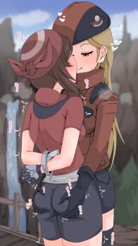  2girls ass ass_grab assertive_female bandana beret bike_shorts blonde_hair breasts brown_eyes brown_hair cuffs deep_skin femdom forced_yuri from_behind gloves handcuffed handcuffs hat highres huge_ass imminent_rape large_breasts long_hair may_(pokemon) molestation multiple_girls naughty_face nintendo pokemon pokemon_ranger_(pokemon) pokemon_rse pokemon_xy short_shorts shorts tongue tongue_out translation_request ttptt very_long_hair you_gonna_get_raped yuri 