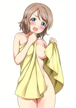 1girl absurdres blue_eyes blush breasts brown_hair collarbone completely_nude convenient_censoring cowboy_shot embarrassed female_focus highres holding holding_towel legs_together looking_at_viewer love_live! love_live!_sunshine!! medium_breasts naked_towel nude open_mouth sankuro_(agoitei) scan shiny_skin short_hair simple_background solo standing teeth towel watanabe_you white_background rating:Questionable score:57 user:danbooru