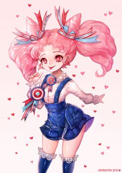  10s 1girl 2015 :p artist_name bad_id bad_pixiv_id badge bishoujo_senshi_sailor_moon blouse blue_skirt blue_thighhighs bow candlefish chibi_usa cone_hair_bun cowboy_shot double_bun female_focus hair_bow hair_bun heart heart_background official_alternate_costume overalls pink_hair red_eyes shirt short_hair skirt solo striped_bow thighhighs tongue tongue_out twintails white_background white_shirt 