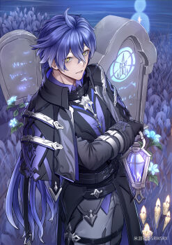  1boy absurdres bags_under_eyes black_gloves blue_hair candle chinese_commentary commentary_request flins_(genshin_impact) flower genshin_impact gloves graveyard hair_between_eyes highres holding lantern long_hair long_sleeves looking_at_viewer male_focus pants shirt solo srwsrx stairs standing tombstone yellow_eyes 