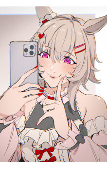  1girl animal_ears bare_shoulders cellphone closed_mouth curren_chan_(umamusume) ear_ornament grey_hair hair_ornament hairclip heart heart_hair_ornament highres holding holding_phone horse_ears horse_girl letterboxed lips long_sleeves medium_hair nail_polish phone purple_eyes red_nails selfie smartphone smile solo sugarbeat taking_picture umamusume upper_body 