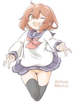  1girl ;d ahoge akara_kai anchor_symbol black_thighhighs blush brown_eyes brown_hair checkered_clothes checkered_panties cropped_legs dated double_v fang hair_ornament hairclip highres ikazuchi_(kancolle) kantai_collection long_sleeves looking_at_viewer neckerchief one_eye_closed open_mouth panties pantyshot pleated_skirt school_uniform serafuku short_hair skin_fang skirt smile solo thighhighs twitter_username underwear v yellow_panties 