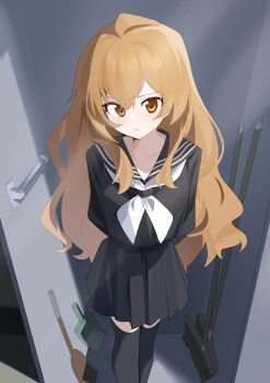 1girl :o absurdres aisaka_taiga arms_behind_back black_serafuku black_thighhighs blush broom brown_hair collarbone commentary dustpan feet_out_of_frame highres in_locker indoors long_hair looking_at_viewer neckerchief no_dickey pleated_skirt school_uniform serafuku skirt solo thighhighs toradora! very_long_hair wako_(1194433260) white_neckerchief zettai_ryouiki rating:General score:18 user:danbooru