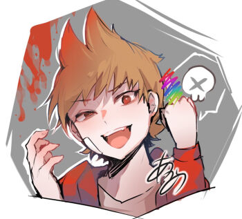  1boy :d akanosui animification antenna_hair bandage_on_cheek bright_pupils brown_hair commentary cropped_shoulders drawstring eddsworld fang flipped_hair hair_behind_ear hair_ears hood hood_down hoodie long_sleeves male_focus middle_finger open_mouth red_eyes red_hoodie shirt short_hair signature smile solo spoken_x tord_(eddsworld) uneven_eyes white_pupils white_shirt 