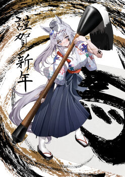  1girl absurdres ahoge animal_ears blue_eyes blue_hakama blush breasts calligraphy calligraphy_brush closed_mouth commentary_request ear_ornament giant_brush grey_hair grey_tail hair_between_eyes hair_ornament hakama hakama_skirt highres holding holding_brush holding_calligraphy_brush holding_paintbrush horse_ears horse_girl horse_tail ink ink_on_face japanese_clothes kimono large_breasts long_hair long_sleeves looking_at_viewer multicolored_hair oguri_cap_(umamusume) paintbrush ponytail sandals skirt smile socks solo tail umamusume white_kimono white_socks yuu46464949 
