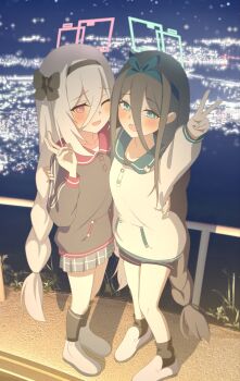  2girls aris_(blue_archive) black_hair black_hairband black_ribbon blue_archive blue_eyes blush bow_hairband braid cityscape commentary_request green_halo hair_between_eyes hair_ribbon hairband halo highres kei_(blue_archive) long_hair long_hair_between_eyes looking_at_viewer multiple_girls open_mouth pink_eyes pink_halo rectangular_halo ribbon ringed_eyes shianorei skirt smile twin_braids v very_long_hair white_hair 