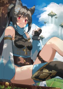  1girl :t absurdres against_tree animal_ears black_gloves black_hair black_leotard blue_hair blue_scarf blue_sky blue_sleeves breasts cat_ears cat_girl cloud colored_inner_hair commentary_request cumulonimbus_cloud dappled_sunlight day detached_sleeves eating feet_out_of_frame fingerless_gloves floating_island food food_on_face gloves hair_bun hair_ornament hairclip highres holding holding_food leotard long_hair long_sleeves multicolored_hair ninja onigiri original outdoors pelvic_curtain red_eyes scarf single_hair_bun sitting sky small_breasts solo sunlight tree wanitaroo._(waniwani_panic) 