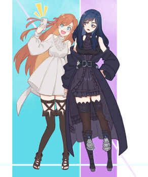  2girls :d aqua_eyes arm_up ascot belt black_ascot black_belt black_bodice black_boots black_coat black_dress black_hair black_skirt blue_eyes blush boots border bow breasts bright_pupils cellphone clothes_down coat coat_on_shoulders commentary cross-laced_straps dress expressionless eyeshadow final_fantasy final_fantasy_xiv full_body gaia_(ff14) hair_ribbon hand_on_own_hip head_tilt highres holding holding_phone le-anh90 leaning_to_the_side looking_at_object makeup medium_breasts multiple_girls open-toe_shoes open_mouth paisley pale_skin phone pink_bow pink_ribbon pleated_skirt red_eyeshadow red_hair ribbon ryne_waters selfie skirt smile standing thighhighs white_border white_dress white_pupils yuri 