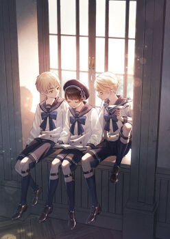  3boys absurdres aged_down ahoge america_(hetalia) axis_powers_hetalia beret black_hair black_hat black_shorts black_socks blonde_hair blue_bow blue_bowtie blue_eyes book bow bowtie brown_shoes buttons child closed_eyes closed_mouth collarbone commentary_request day fingernails floor full_body garter_belt green_eyes hand_up hat hat_bow highres holding holding_book holding_skateboard japan_(hetalia) kneehighs long_sleeves looking_at_another male_focus multiple_boys npyon open_book open_mouth puffy_long_sleeves puffy_sleeves reading sailor_collar school school_uniform shadow shirt shoes short_hair shorts sitting skateboard sky smile socks star_(symbol) star_print striped_bow united_kingdom_(hetalia) white_bow white_shirt white_sky window 
