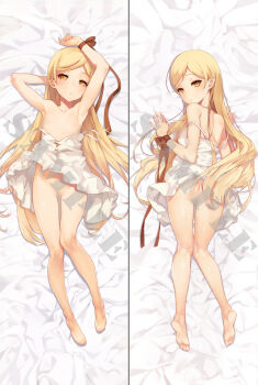 1girl armpits blonde_hair blur_censor censored dakimakura_(medium) dress female_focus flat_chest highres long_hair looking_at_viewer lying monogatari_(series) no_bra no_panties on_back oneko oshino_shinobu red_ribbon ribbon sample_watermark tagme watermark white_dress yellow_eyes rating:Questionable score:31 user:richp2k