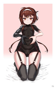  1girl black_thighhighs breasts brown_eyes brown_hair commentary_request garter_belt girls'_frontline highres korean_commentary long_hair looking_at_viewer mechanical_arms og_(erfv4822) pinching_own_belly seiza single_mechanical_arm sitting small_breasts solo thigh_gap thighhighs thighs type_79_(girls'_frontline) 
