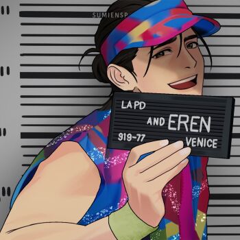  1boy absurdres artist_name barbie_mugshot_(meme) black_hair character_name commentary contemporary derivative_work english_commentary eren_yeager hair_between_eyes hair_bun hat highres medium_hair meme mugshot open_mouth print_hat print_shirt shingeki_no_kyojin shirt smile solo sumiensp updo upper_body visor_cap 