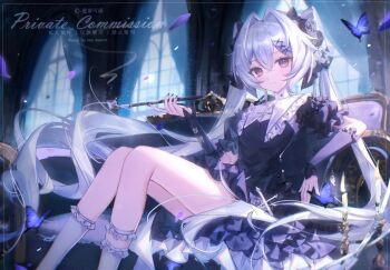  1girl absurdres black_bow black_dress black_nails black_sleeves blue_butterfly bow bug butterfly candle candlestand closed_mouth couch cross detached_sleeves dress expressionless feet_out_of_frame flower frilled_dress frilled_socks frills grey_hair hair_between_eyes hair_bow hair_flower hair_intakes hair_ornament hairclip highres holding holding_smoking_pipe indoors insect ke_song_da_ren_ye kiseru long_hair looking_at_viewer nail_polish on_couch original petals puffy_short_sleeves puffy_sleeves purple_eyes rose short_sleeves sitting smoking_pipe socks solo twintails very_long_hair watermark white_hair white_socks window x_hair_ornament 