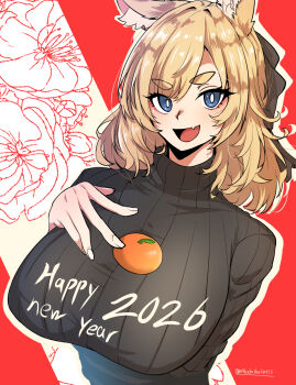  1girl animal_ear_fluff animal_ears ankodaihuku arknights arm_under_breasts black_ribbon black_sweater blonde_hair blue_eyes breasts commentary_request fang floral_background food food_on_body food_on_breasts fruit hair_ribbon hand_on_own_chest highres horse_ears large_breasts long_hair looking_at_viewer mandarin_orange new_year open_mouth oppai_mochi ribbed_sweater ribbon skin_fang solo sweater turtleneck turtleneck_sweater twitter_username upper_body whislash_(arknights) 