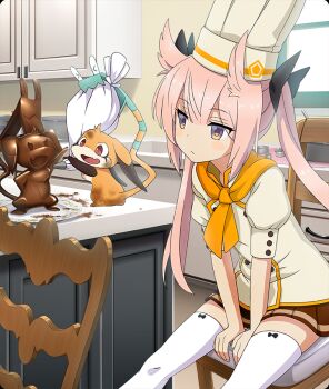  1girl arm_up between_legs black_bow blush_stickers bow bow_legwear brown_eyes brown_skirt buttons cabinet chair chef_hat chocolate chocolate_on_body chocolate_statue closed_mouth double-breasted fang food_on_body game_cg hair_horns hand_between_legs hand_on_own_hip hat holding holding_pastry_bag indoors kitchen leaning_forward long_hair looking_at_another mashiko_kaoru neckerchief nene_(toji_no_miko) official_art on_chair open_mouth orange_neckerchief outstretched_legs pastry_bag patissier pink_hair plate red_eyes sitting skin_fang skirt smile thighhighs third-party_source toji_no_miko toji_no_miko:_kizamishi_issen_no_tomoshibi twintails white_thighhighs window wooden_chair zettai_ryouiki 