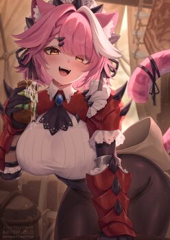  1girl :d animal_ears ardenlolo armor ascot black_ascot black_pants bracer braid braided_bangs breasts brooch framed_breasts hair_ribbon hairband high-waist_pants highres holding hololive hololive_english jewelry large_breasts leaf looking_at_viewer official_alternate_costume official_alternate_hairstyle open_mouth panther_ears panther_girl panther_tail pants pauldrons pink_hair raora_panthera raora_panthera_(rathalos) ribbed_shirt ribbon shirt short_hair shoulder_armor smile solo spiked_hairband spiked_pauldrons spikes swept_bangs tail virtual_youtuber white_shirt white_streaks yellow_eyes 