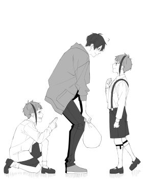  3boys aged_down bag child commentary_request floyd_leech full_body greyscale hands_on_own_knees highres holding holding_bag jacket jade_leech kanchou looking_at_another male_focus monochrome multiple_boys on_one_knee prank sharp_teeth shirt_tug short_hair shorts siblings simple_background squatting ss023xx standing suspenders teeth twins twisted_wonderland white_background yuu_(twisted_wonderland) 