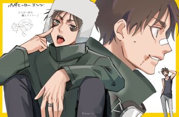  1boy arm_behind_head bandaid bandaid_on_face bandaid_on_nose bare_shoulders black_nails bow brown_hair bruise bruise_on_face closed_eyes commentary_request eren_yeager eye_black fur_hat goggles goggles_around_neck green_jacket grey_eyes grey_pants grey_tank_top hat highres injury jacket jewelry male_focus multiple_views nail_polish open_mouth pants parted_lips ring shingeki_no_kyojin shirt short_hair sleeveless sleeveless_shirt smile solo squeans sweatdrop tank_top tongue tongue_out toraga_ra twitter_username upper_body white_background white_hat yawning yellow_bow 